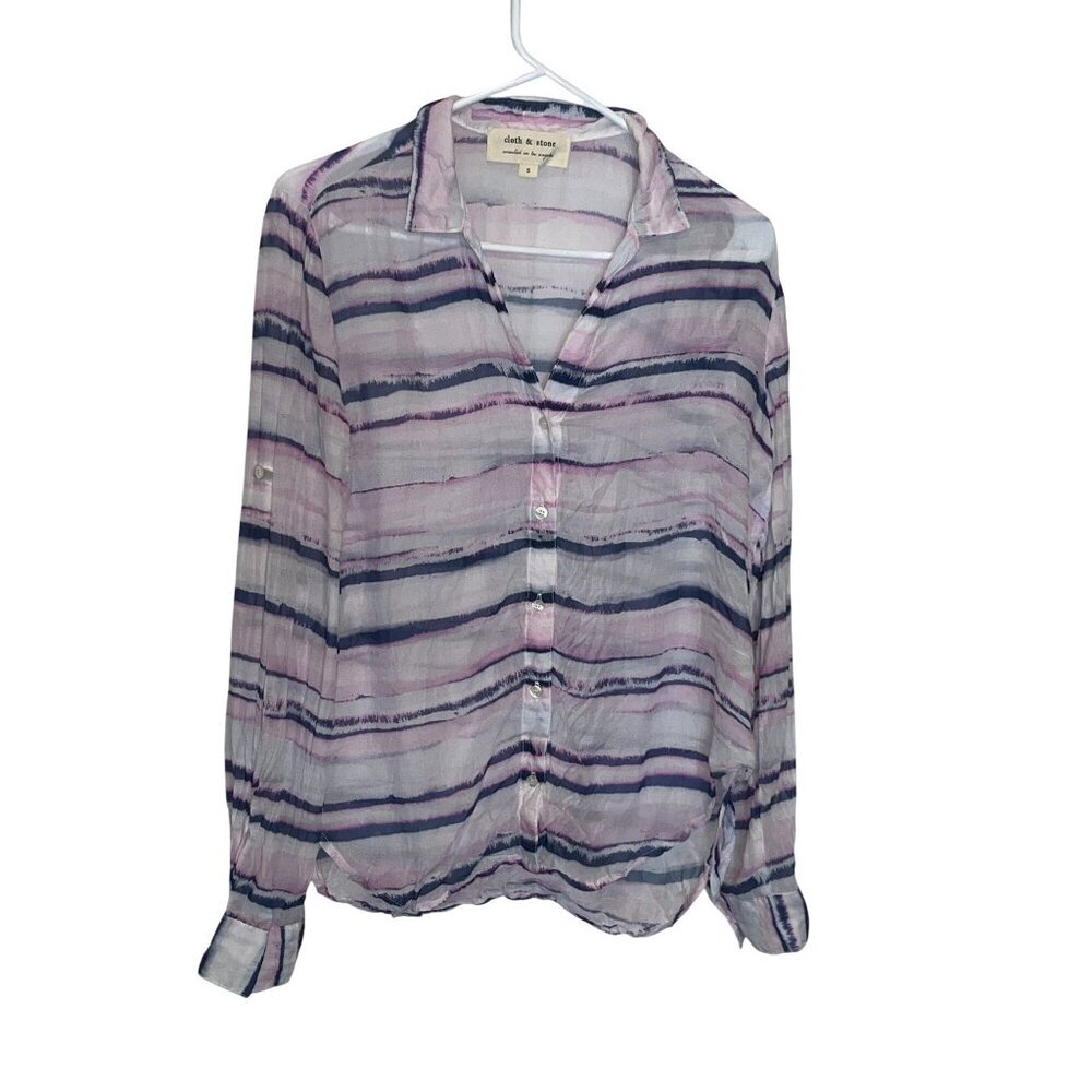 Anthropologie Cloth & Stone Womens Sheer Striped Button Down Shirt S Purple & Bl